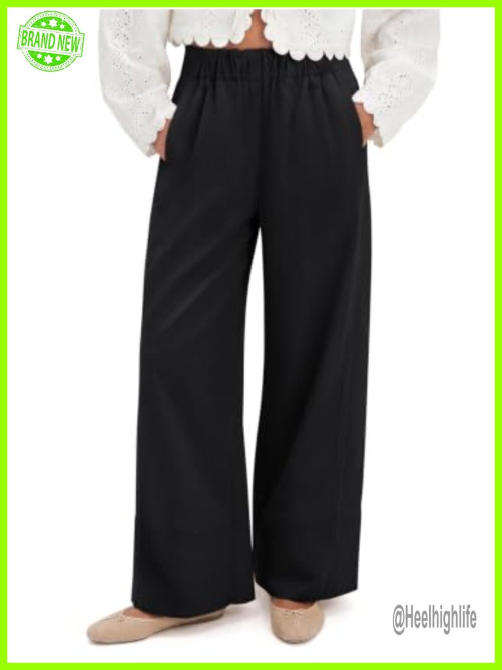 Wide Leg Cotton Pants High Rise Elastic Waist Travel Lounge Trousers